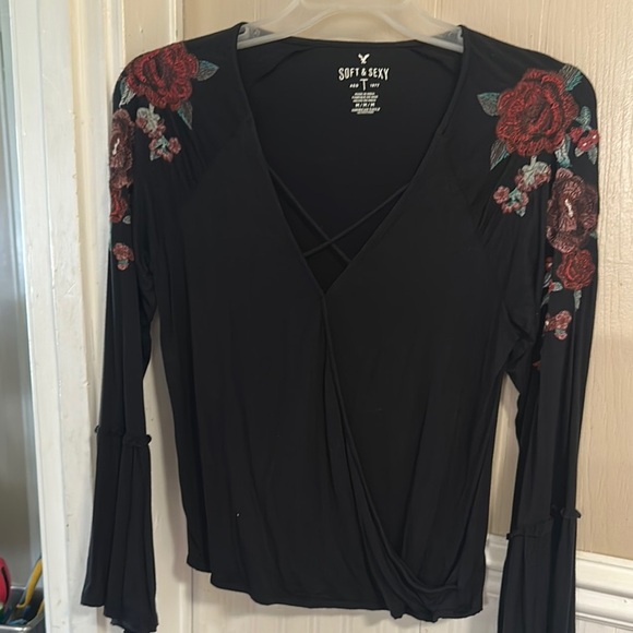 American Eagle Outfitters Tops - American Eagle Outfitters Black Wrap Blouse 3/4 Sleeve